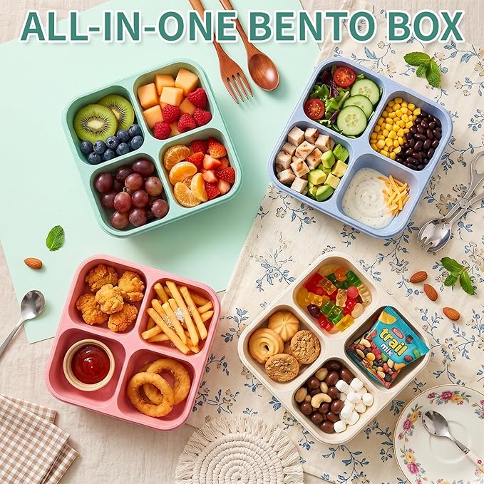buluker 4 Pack Bento Snack Containers Set， 4 Compartment Food Storage Containers ，Wheat Straw Meal Prep Lunch Box ，Plastic Food Storage container, Microwave and Dishwasher Safe (4colour)