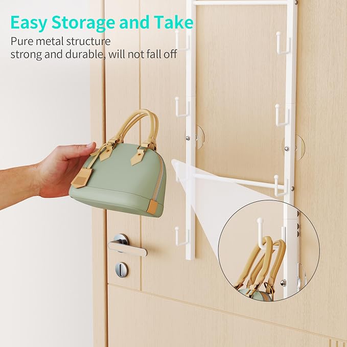 HapiRm Over the Door Purse Organizer - Wall Mounted Purse Rack with 10 Hooks and Metal Basket, Hanging Handbag Organizer Holds up to 10 Bags, Bag Rack Can Use As 1/2 Part, for Door, Closet (White)