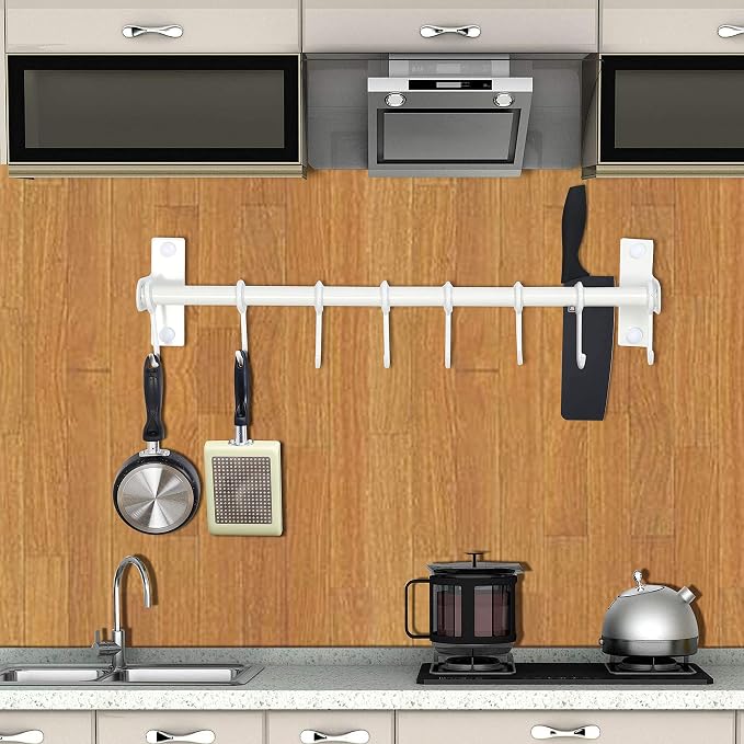 Dseap Pot Rack - Pots and Pans Hanging Rack Rail with 8 Hooks, Double Bars, Pot Hangers for Kitchen, Wall Mounted, White