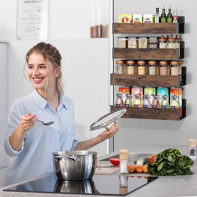 Vetacsion 4 Pack Moveable Fridge Magnetic Spice Racks,Metal(Wood)