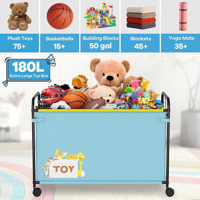 180L Kids Extra Large Toy Box with Wheels for Boys Girls, 31.5" x 15.7" x 23.2" Big Toy Chest with Handle, Toy Storage Organizer for Living Room Area, Stuffed Animals, Clothes(Blue, 1PC)