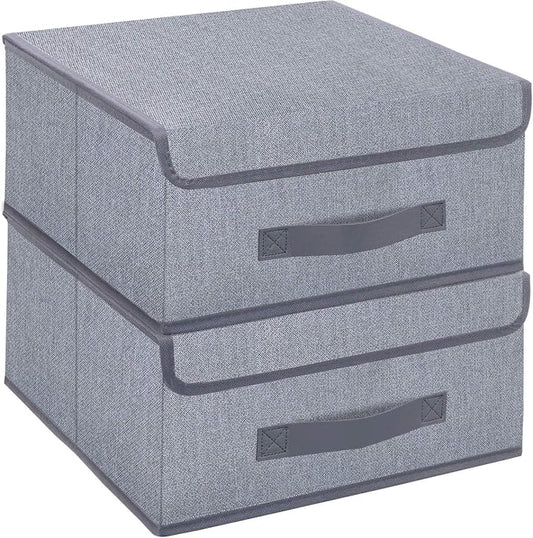 Onlyeasy Foldable Storage Bins Cubes Boxes with Lid - Storage Box Cube Cubby Basket Closet Organizer Pack of 2 with Leather Handles for Closet Bedroom, 13" x 13", Linen-like Grey, MXDLB2P