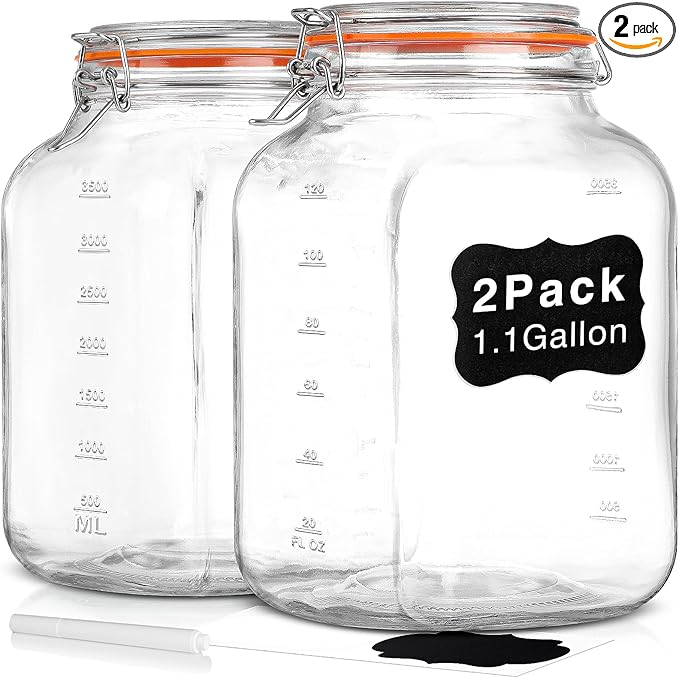 [UPGRADE] 2 Pack Square Super Wide Mouth Airtight Glass Storage Containers with Lids, 1.1 Gallon Glass Jars with 2 Measurement Marks, Canning Jars with Leak-proof Lid for Kitchen (Spare Gasket)