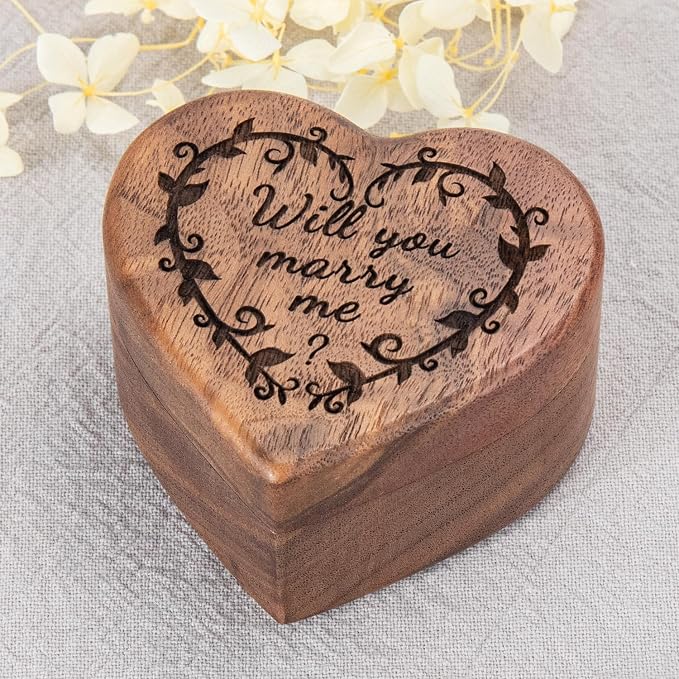 Engagement Proposal Ring Box Secret Slim Engraved Wooden Heart Case | Engrave"Will you marry me?", Walnut Wood Ring Bearer Box Jewelry Storage Holder Display for Wedding Ceremony Commemoration