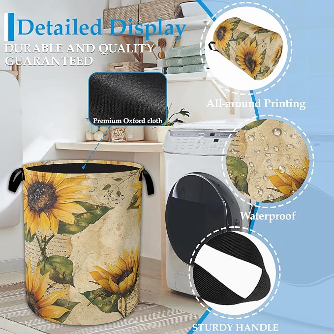 Vintage Sunflowers Laundry Basket Collapsible Laundry Hamper, Oxford Cloth Storage Bin for Room/Bathroom/Bedroom/Dormitories 16" X 20.8"
