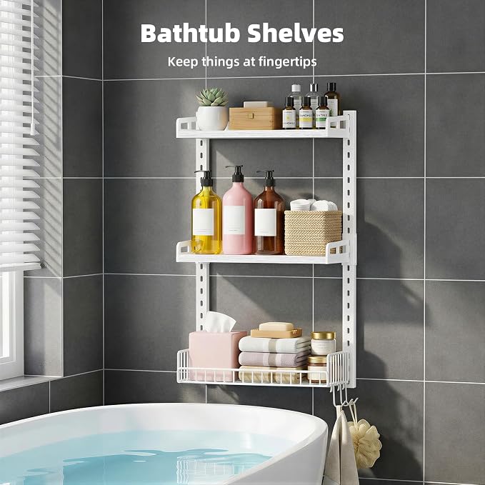 Kalrin 3 Tier Bathroom Shelves Over Toilet - Wall Mounted Floating Shelves with Drain Basket, Toilet Paper Storage, Height Adjustable Over The Toilet Storage, Pure White