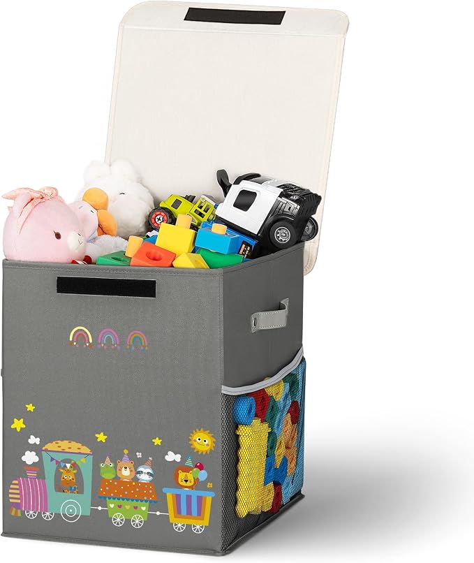 40L Large Toy Storage Box with Lid, Large Toy Box Chest for Kids, Girls and Boys, Nursery Room and Living Room, 13"x13" x16" (grey-train)