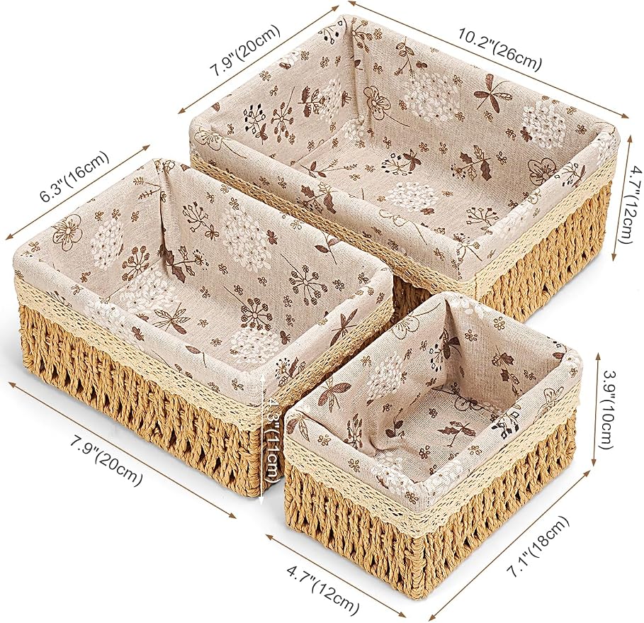 Amaredom Floral Wicker Baskets, Handwoven Multi-size 3-Pack Storage Baskets Set, Perfect For Home Organizing, Storage and Décor - Beige
