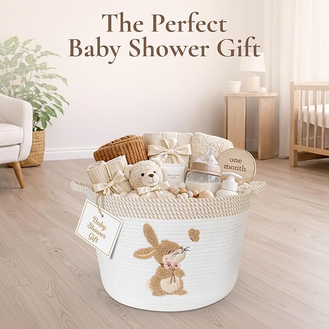 Bunny Storage Basket for Nursery – Large 15"x11" Cotton Rope Bin with Soft Embroidered Bunny Patch – Toy Organizer, Baby Laundry Hamper, Blanket & Diaper Holder – Foldable, Washable & Baby-Safe