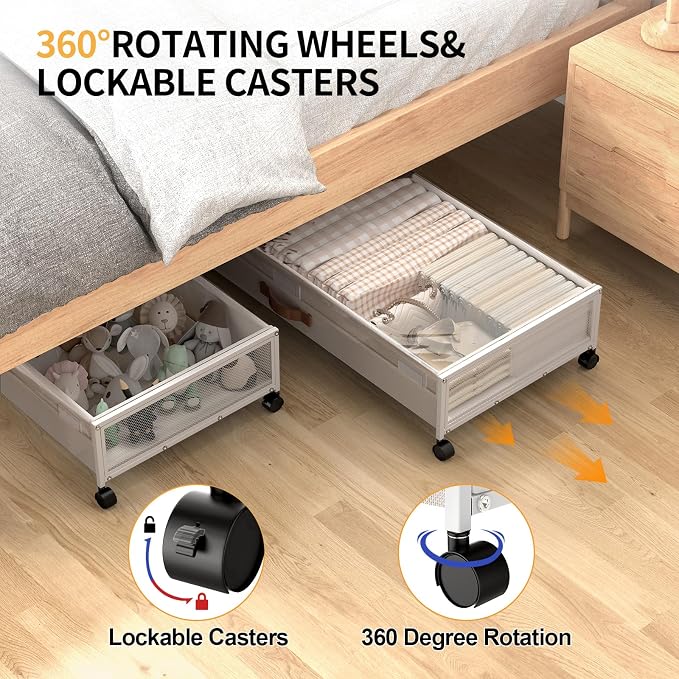 Under Bed Storage Containers with Wheels Large Underbed Shoes Blankets Clothes Toy Storage Drawers for College Dorms Bedrooms Nursery Rooms Organization (White 2 Pack, 7.5in height(36"x16.6"x7.48"))