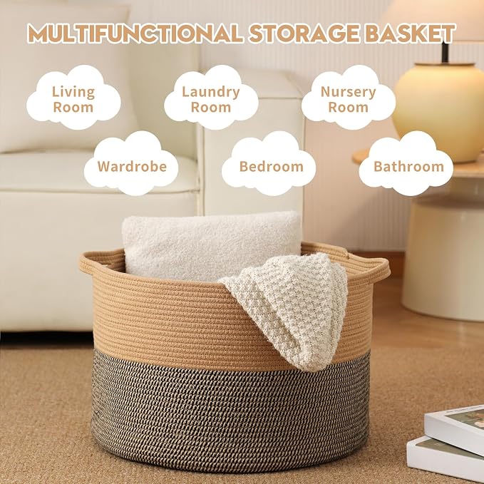 Foldable Laundry Hamper Basket with Collapsible Handle Cotton Rope Soft Woven Fabric Storage Organizer Clothes Toys Nursery Bedroom Dorm Space Saving Bin (Camel & Mix Camel, 115L(23.6"D x 15.7"H))