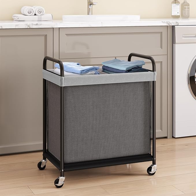 ELYKEN Laundry Hamper 2 Section, 100L Rolling Laundry Sorter with Removable Liner Bag, Laundry Basket with Wheels, Steel Frame with Metal Handle, Clothes Hamper Cart for Laundry Room & Bedroom
