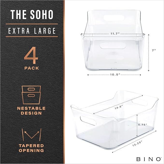 BINO | Plastic Organizer Bins, X-Large - 4 Pack | The SOHO Collection | Multi-Use Organizer Bins | Pantry & Freezer Bin | Plastic Storage Containers | Bin for Home & Kitchen Org