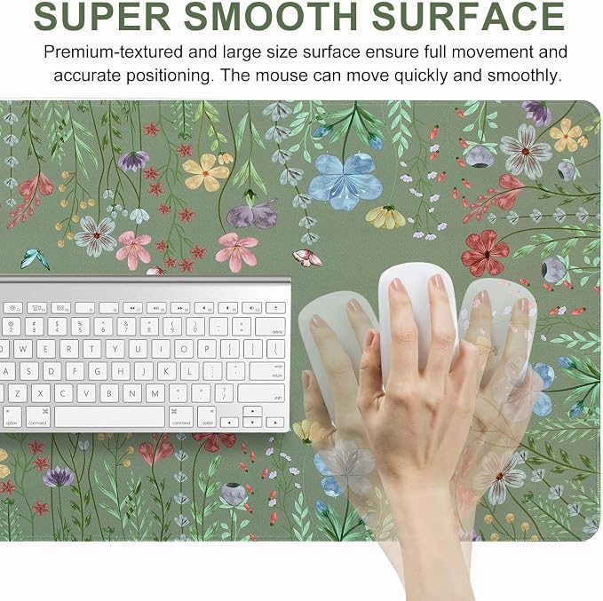 L-SPOUTTO Green Floral Desk Mat for Keyboard and Mouse,XXL Large Mouse Pad | Cute Non-Slip Keyboard Pad Waterproof Desktop Mat for Laptop Computer Work Game Home Office