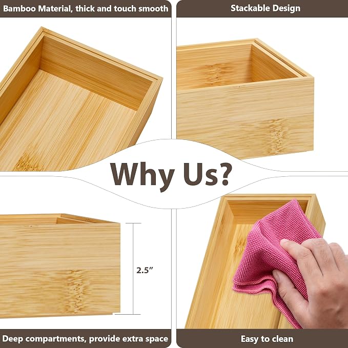 Kitchen Drawer Organizer Bins, Stackable Bamboo Deep Drawer Organizer for Silverware, Utensils, Cutlery, Flatware, Junk Drawer, Dresser, Bathroom, 14" x 5" x 2.5" (Set of 2)