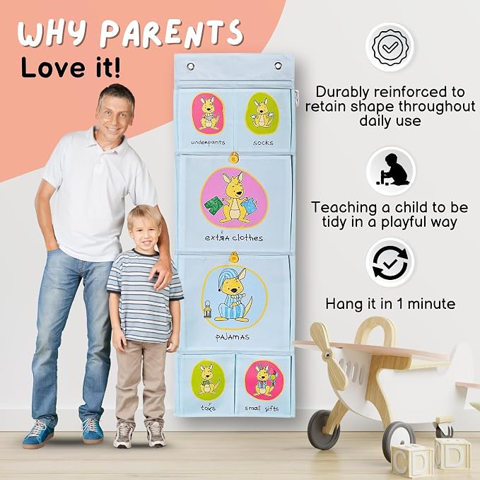 Cool-Stuff Kids Hanging Clothes Organizer – Over The Door Storage for Pajamas, Toys, Socks – Wall Mount Closet Organizer for Toddler, Preschool, Kindergarten – Water-Resistant, Blue, 44x14.5