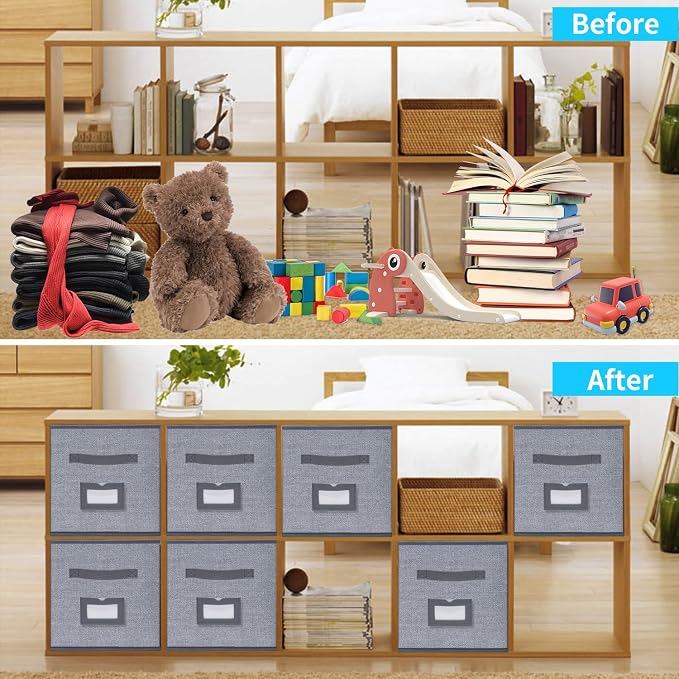 Onlyeasy Extra Large Cloth Storage Bins Foldable Cube Storage Bin 4 Pack - Fabric Cube Organizers Container Drawers with Dual Handles for Shelves, 13" W x 15" D x 13" H, Linen-Like Grey, 7MXDBXL04PLP