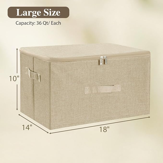 ANMINY 2PCS Storage Bins with Zipper Lids 36 Qt Lidded Fabric Storage Boxes Baskets Cubes with Handles Collapsible Washable Cotton Linen Closet Shelf Clothes Organizer Containers - Beige, Large