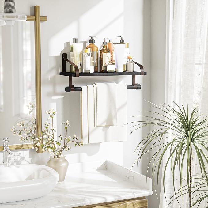 Love-KANKEI 17.3" Floating Wall Shelf Wood/Bracket,Coffee Bar,Black/Brown | Spice Rack,Towel Bar/8 Hooks,40 Lbs/shelf,Easy to Install,For Kitchen,Bathroom,Living Room,Bedroom,Office,Entryway Display
