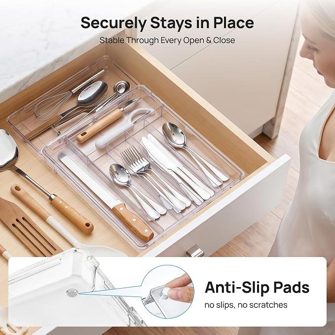 Vtopmart Expandable Silverware Organizer, Clear Plastic Food-Safe Cutlery Flatware Organizer, Kitchen Utensil Drawer Organizer, Adjustable Silverware Holder for Spoons Forks Knives, (6-9 Slots)