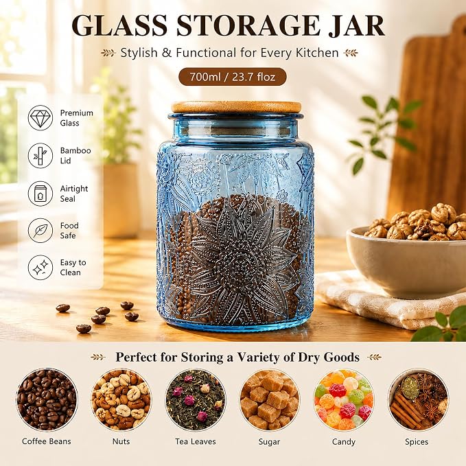 Custde Glass Storage Jars With Airtight Lid, 23.7oz Canister For Kitchen Counter with Bamboo Lid, brown sugar, candy, coffee, cookie, salt, tea,pantry cute Jar (Blue 2-Pack, 23.7 fl oz)