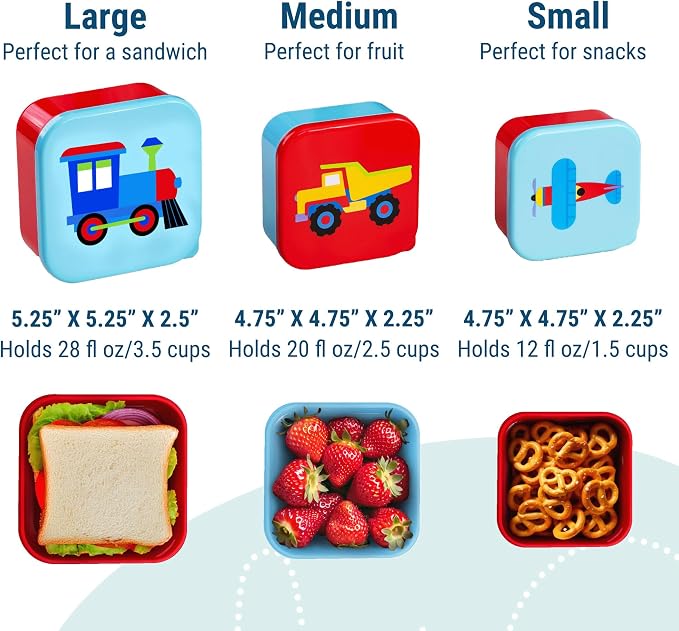 Wildkin Set of 3 Kids Nesting Food Containers for Boys – Stackable, Airtight & BPA-Free Snack Containers, Dishwasher Safe Lunch Box Containers for School & Travel, Ages 3–12 – Trains, Planes & Trucks