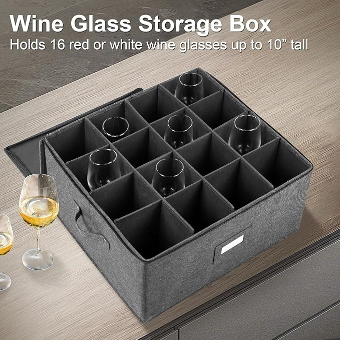 popoly Stemware Storage Cases 2 Pack, Wine Glass Storage Box Containers with Dividers for Glassware or Crystal, Holds 32 Red or White Wine Glasses, Hard Top and Stackable (Grey)