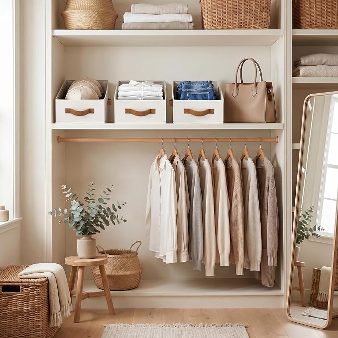StorageWorks Closet Baskets for Organizing, Trapezoid Storage Bins, Linen Closet Organizers and Storage, Clothes Storage Baskets, Medium, Ivory White, 3-Pack