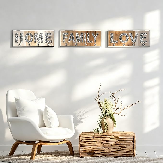Crushed Diamond FAMILY Key Holder, Silver Mirror Wall Decor,11.8" ,4 Hooks | crushed diamond silver mirror with safe beveled edges,4 2-lb capacity acrylic hooks ,shatterproof, for keys/scarves/bags etc.