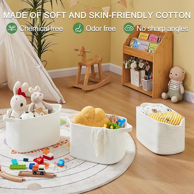 OIASKET Storage Baskets for Organizing, Woven Baskets for Shelves, Rectangle Decorative Organizer for Storage Clothes, Toy, Books, Towels Nursery Bins 3 Pack (White, 13"x9.85"x8.7")