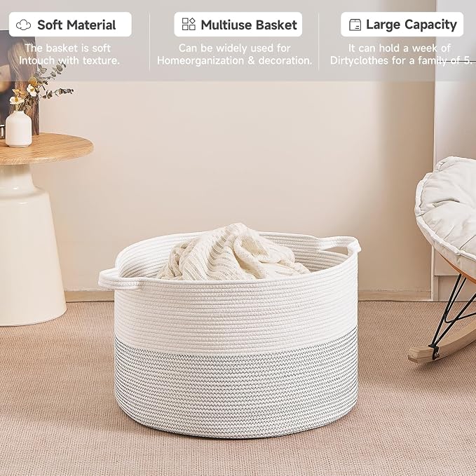 CLHMILY&Z Large Woven Storage Basket - 22x14.2 Inches - Modern Nursery Bin, Round Baby Toy Organizer, Soft Cotton Hamper for Home Decor, Multi-Purpose Home Tidy Solution
