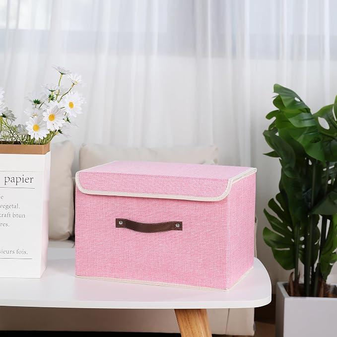 ANMINY Storage Bin with Lid Storage Boxes with PU Leather Handles PP Plastic Board Decorative Foldable Lidded Cotton Linen Fabric Home Cubes Baskets Closet Organizer Container - Pink, Medium