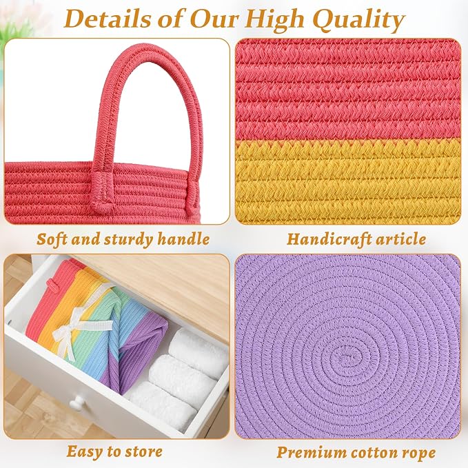 Laundry Hamper for Organizing, 52L Large Laundry Baskets, Cotton Rope Woven Blanket Basket, Collapsible Laundry Hamper for Living Room, Nursery, 15"×18", Rainbow