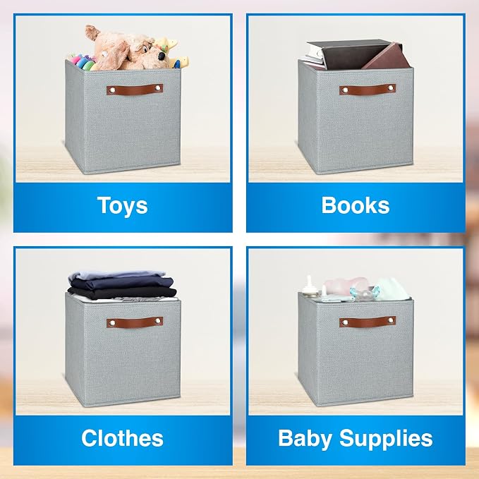 11 Inch Cube Storage Bin - 6 Pack - Linen Fabric 11x11 Cube Storage Bins for Bedroom, Living Room, Clothes and Toys; Foldable, Dual Leather Handles