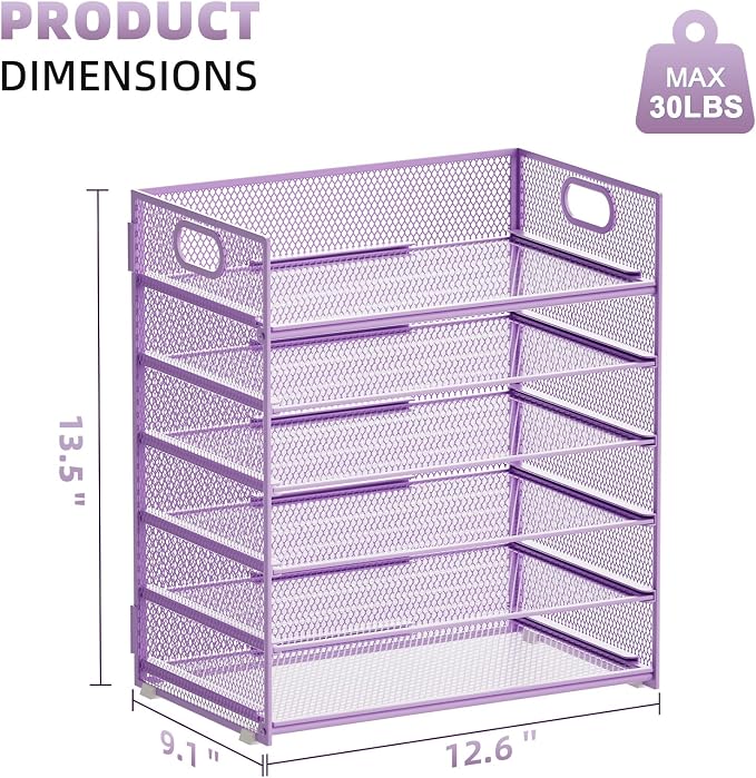 Marbrasse 2 Pack Desk Organizer with Handle, 6 Tier Paper Letter Tray, Mesh Desk File Organizer for Office, School and Home - Purple