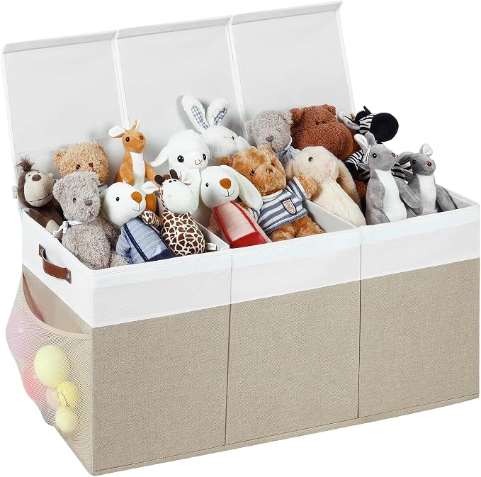 Extra Large Foldable Toy Chest with Lid,Collapsible Kids Toy Storage Box Organizer,Large Fabric Storage Bin for Nursery Playroom Bedroom Living Room,40”x18”x14”,White & Beige