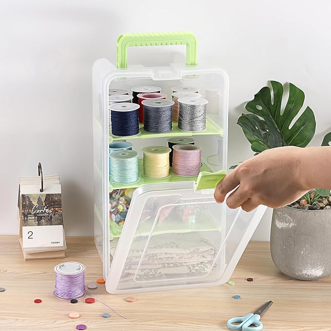 BTSKY Clear Plastic Dividing Storage Box with 4 Deep Compartments Adjustable Storage Bin with Lid Portable Craft Container Multipurpose Sewing Box Art Supply Organizer, 13.9x7.9x6.2 Inches, Green