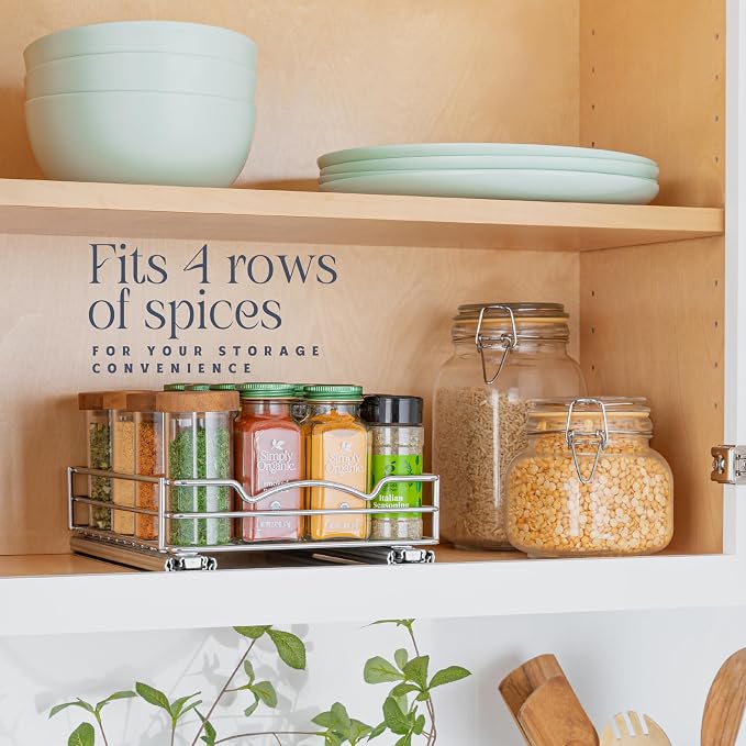 Pull Out Cabinet Organizer for Spices, Cans 8-3/8"W x 10-3/8"D x 2-1/8"H | Heavy Duty with Lifetime Limited Warranty, Pull Out Spice Rack, Cabinet Pull Out Shelf for Cans, Dishes, Etc, Easy to Reach