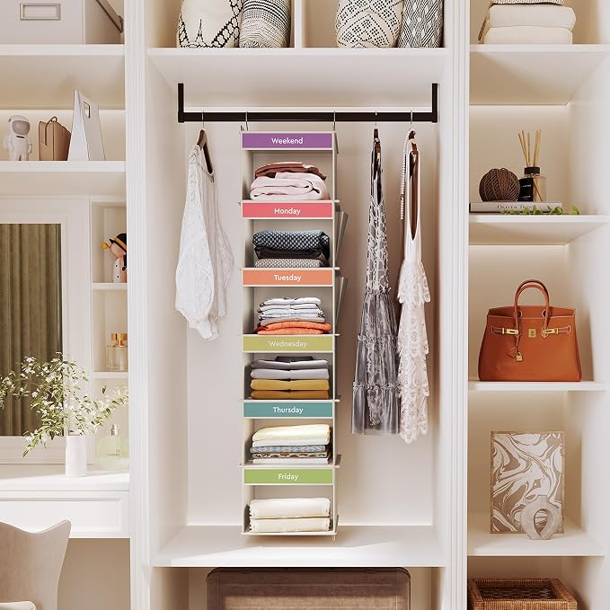 YOUDENOVA 6-Shelf Weekly Hanging Closet Organizer, Weekly Clothes Organizers for Kids with 2 Side Pockets, Light Grey