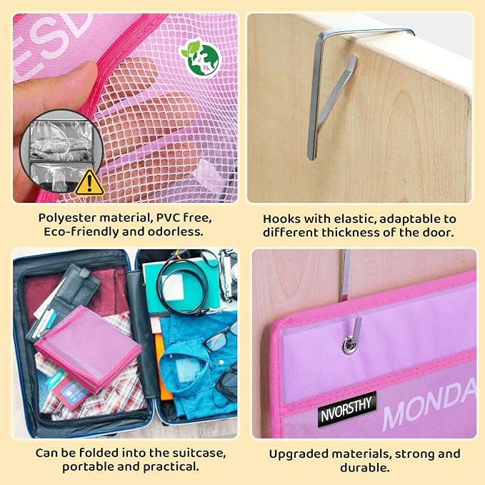Weekly Kids Clothes Organizer - Day of Week School Clothing Organizer, Monday to Friday Time Save, No Odour, 5-Shelf Hanging Closet Storage (Pink)