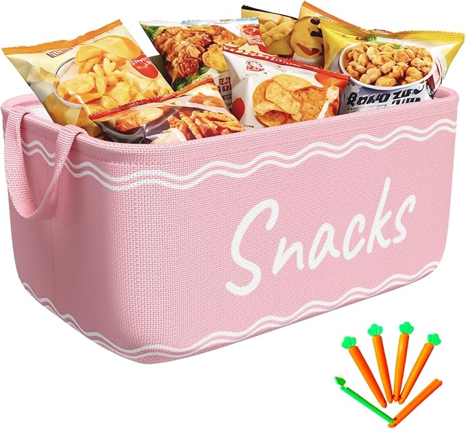 Snack Basket for Pantry & 5 Seal Clips - Snack Bin Organizer for Countertop - Imitation Linen Snack Storage Containers for Storing Chips, Pretzels, Cookies, Popcorn and more (1, Pink)