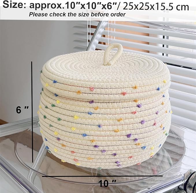 Esme L&H Small Rope Basket with Lid,10x6 Small Round Woven Storage Basket with lid for Organizing, Small Decorative Toy Basket with Colorful Rainbow Pompom, Cute Storage Bin Box for Toys, Gifts…