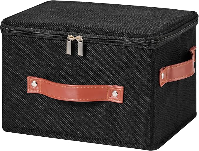 Storage Bin Box with Zippered Lid Cotton Linen Fabric Decorative Basket with PU Leather Handles PP Plastic Board Foldable Lidded Clothing Shelf Closet Organizer Container (Black, Small)