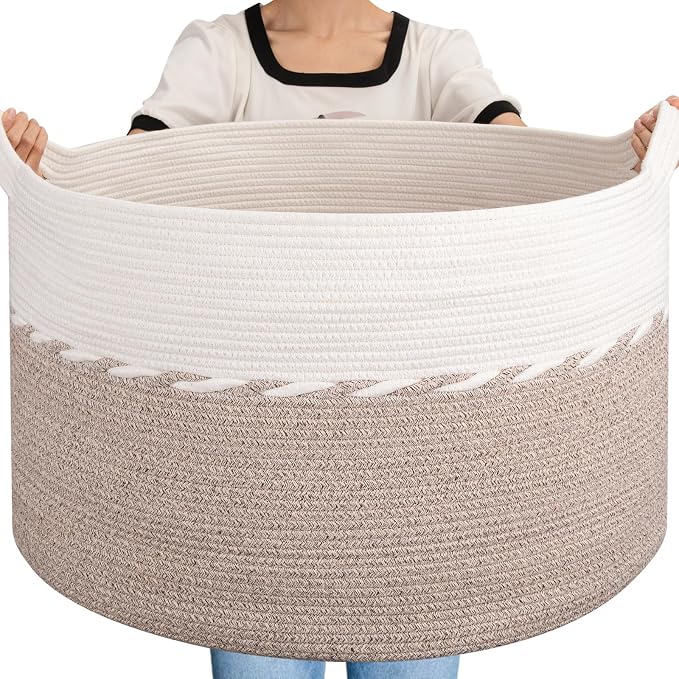 OIAHOMY 125L Extra Large Blanket Basket, 25" x 16", Jumbo Laundry Hamper, Cotton Rope Basket with Handles for Living Room,Baby Toy Storage Bins, Brown