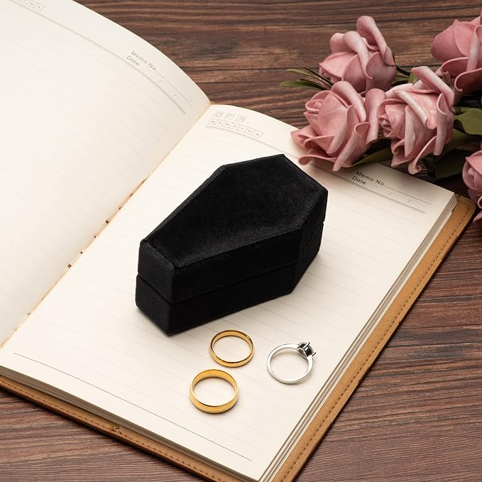 Velvet Coffin Ring Box Case Holder for Gothic Wedding Ceremony Jewelry Organizer Decorations (Black)
