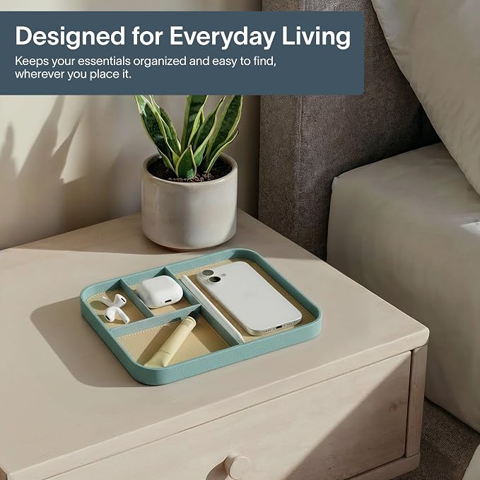 Nordik Leather Valet Tray - Seafoam Mist - 9.5 x 7.9 Inch Medium Vegan Leather Tray - Stylish Nightstand Organizer for Men - Modern Bedside Caddy - EDC Catchall for Key Watch Wallet Jewellery