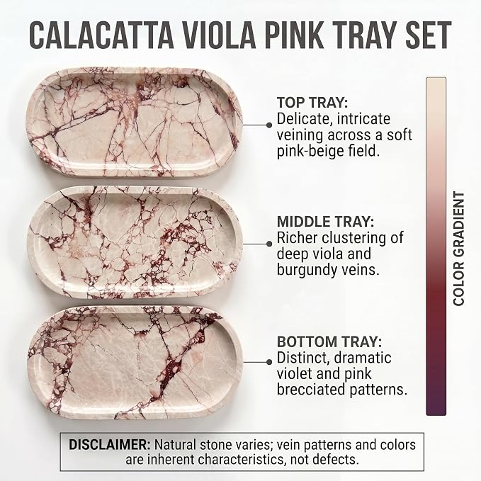 YKAJO Calacatta Viola Pink Oval Marble Tray, 9.8x4.7 Vanity Organizer Dish | Honed natural stone; jewelry & trinket dish, ring & key holder, soap & candle catchall; bath counter, dresser, coffee table