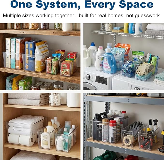 MOONEDGE Clear Plastic Storage Organizer Bins for Home Organization | Clear Bins for Organizing, Pantry Organizers and Storage, Kitchen, Fridge, Bathroom, Cabinet, Closet, Under-Sink, Laundry