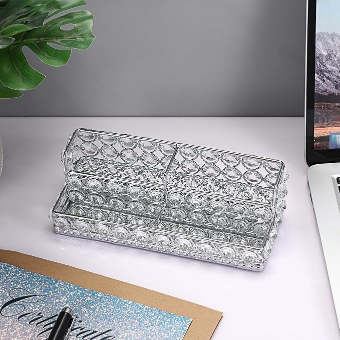 Hipiwe Silver Business Card Display Holder 2 Tiers Crystal Business Card Storage Stand with 4 Slots Office Desktop Organizer for Exhibition