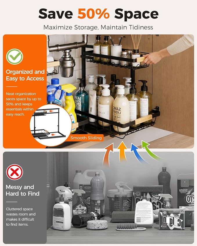 Sevenblue 2-Pack 2-Tier Height Adjustable Under Sink Organizer & Storage | Multi-purpose storage for kitchen & bathroom cabinet. Extra Large black shelf, height adjustable design for space-saving.